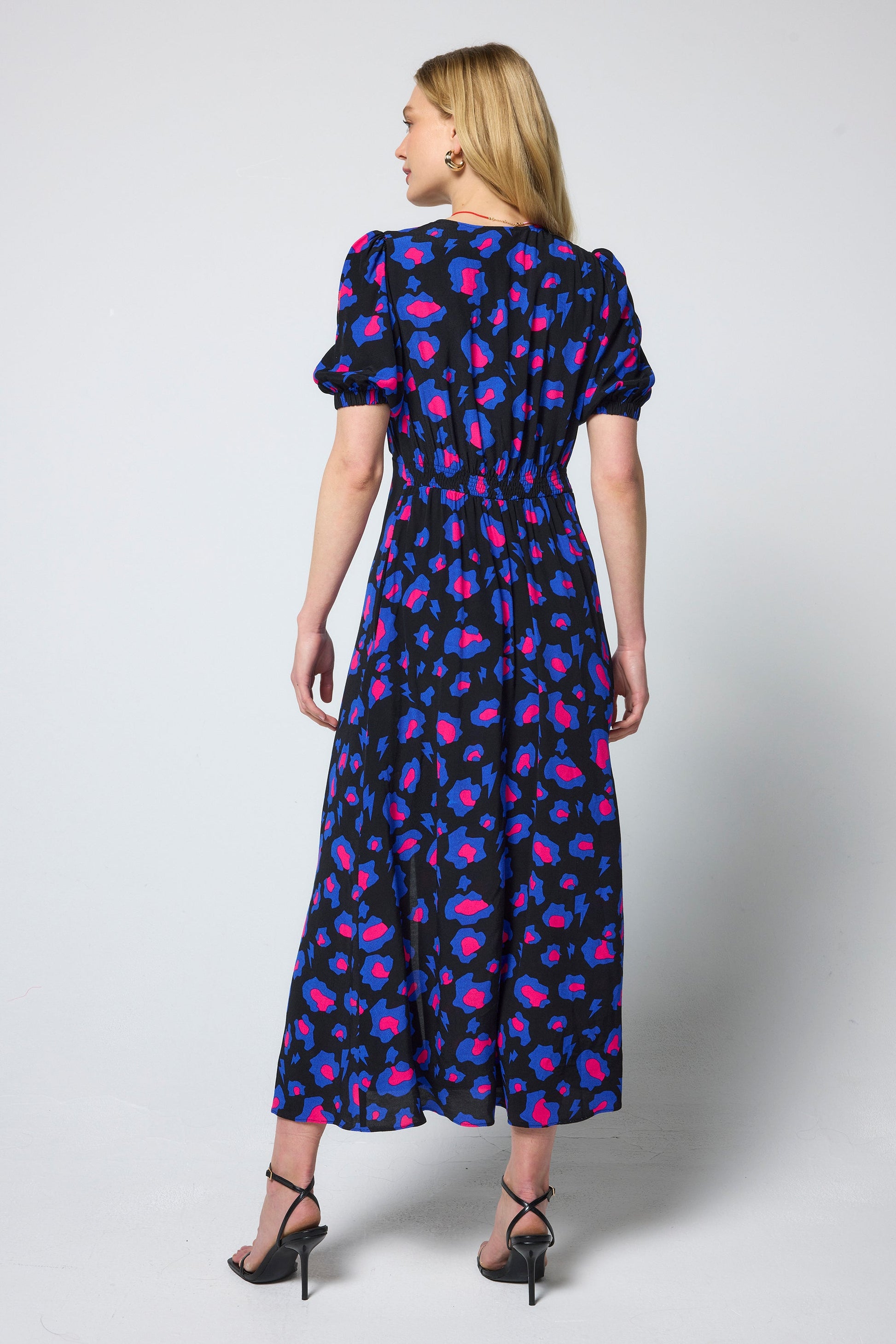 Black with Blue and Pink Shadow Leopard Blouson Sleeve Midi Tea Dress