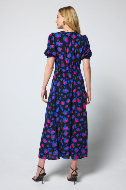 Black with Blue and Pink Shadow Leopard Blouson Sleeve Midi Tea Dress