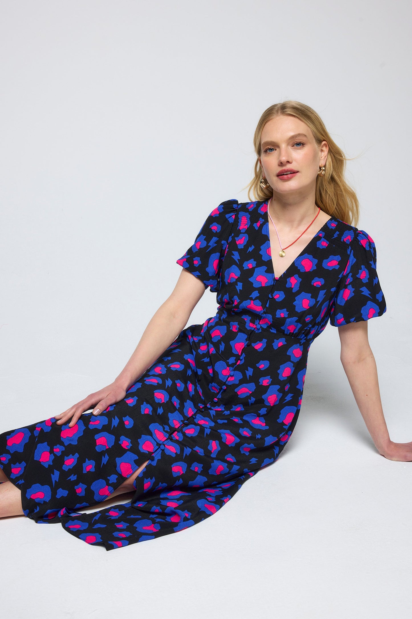 Black with Blue and Pink Shadow Leopard Blouson Sleeve Midi Tea Dress