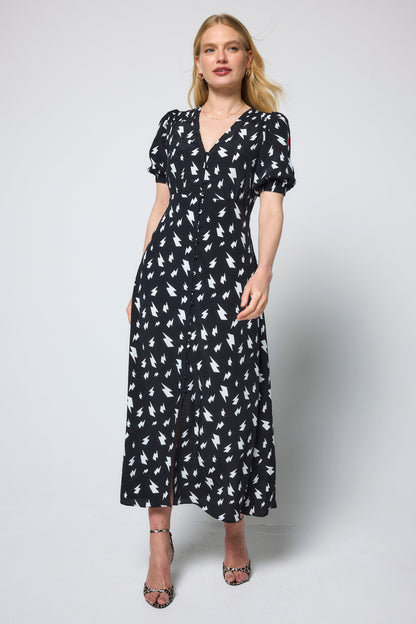 Black with White Lightning Bolt Blouson Sleeve Midi Tea Dress