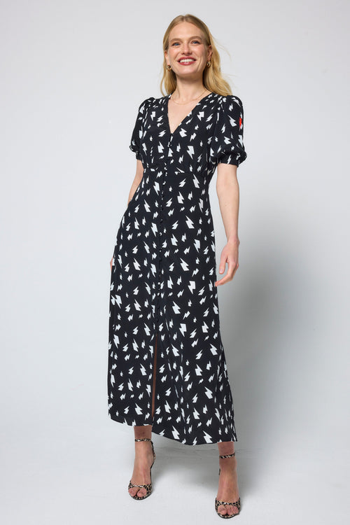 Black with White Lightning Bolt Blouson Sleeve Midi Tea Dress