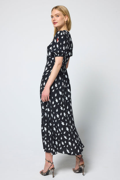 Black with White Lightning Bolt Blouson Sleeve Midi Tea Dress