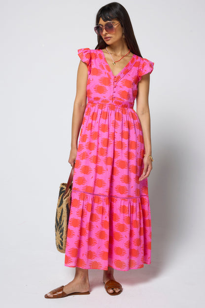 Pink and Coral Soleil Sun Pintuck Midi Dress