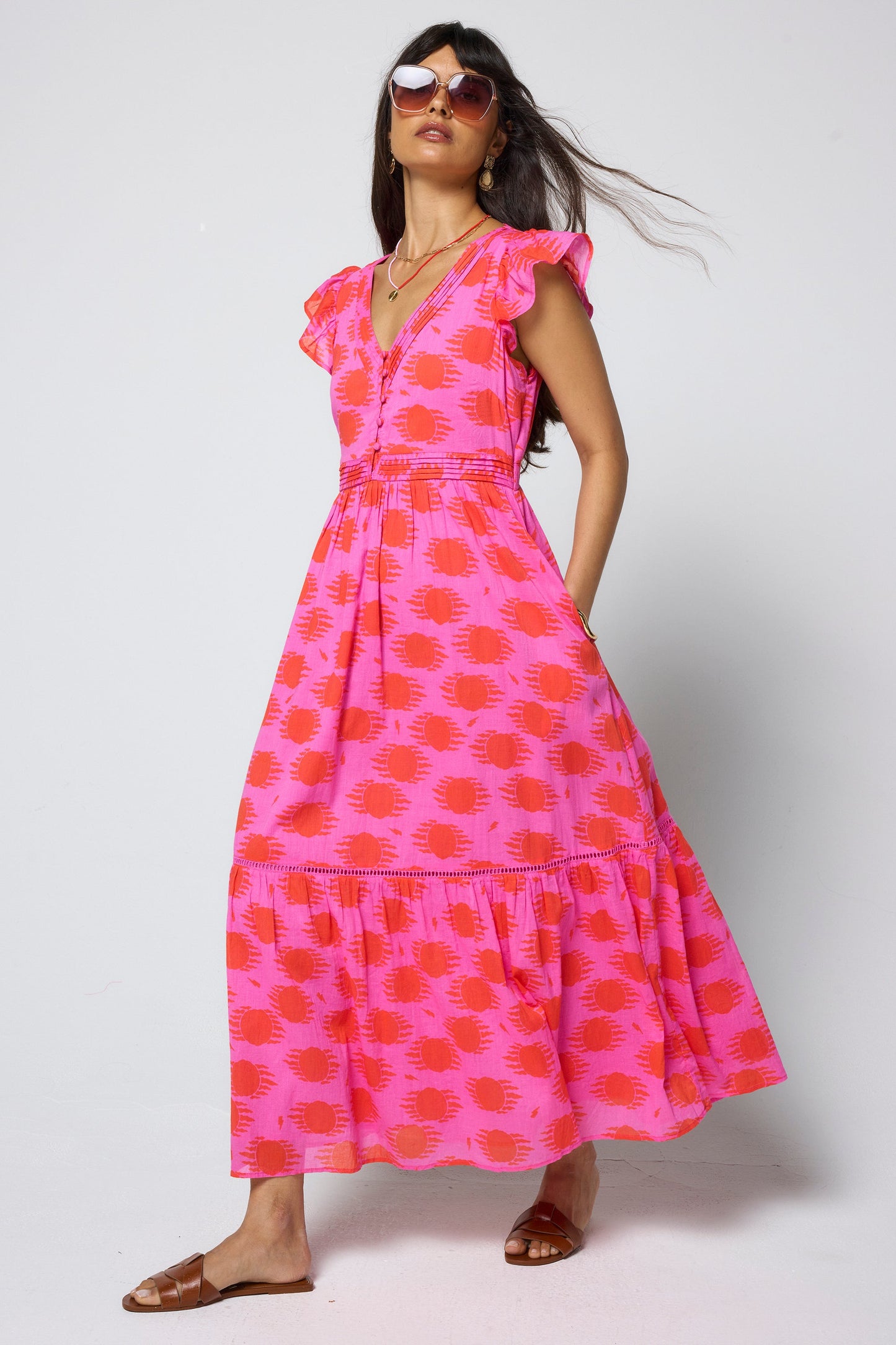 Pink and Coral Soleil Sun Pintuck Midi Dress