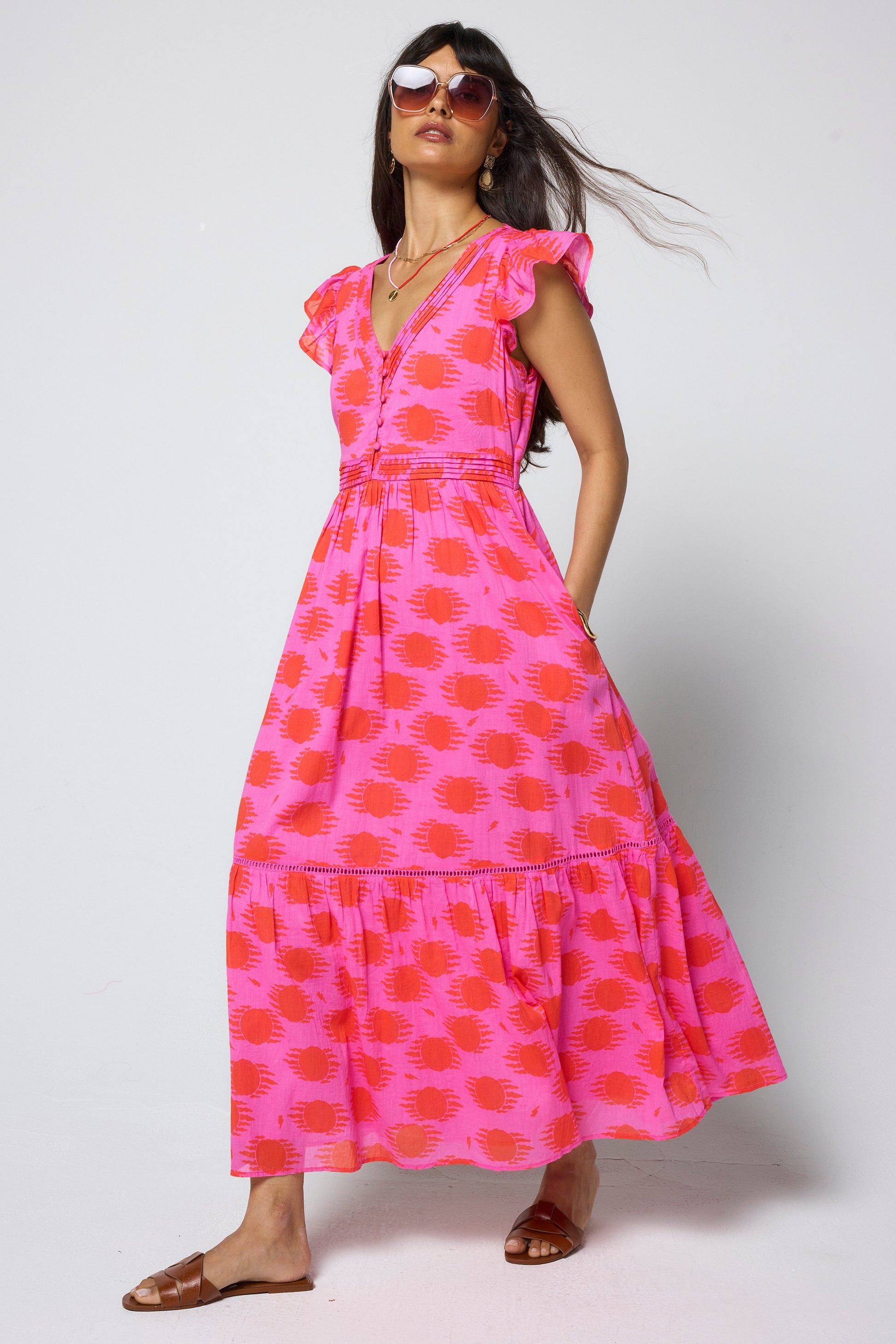 Pink and Coral Soleil Sun Pintuck Midi Dress