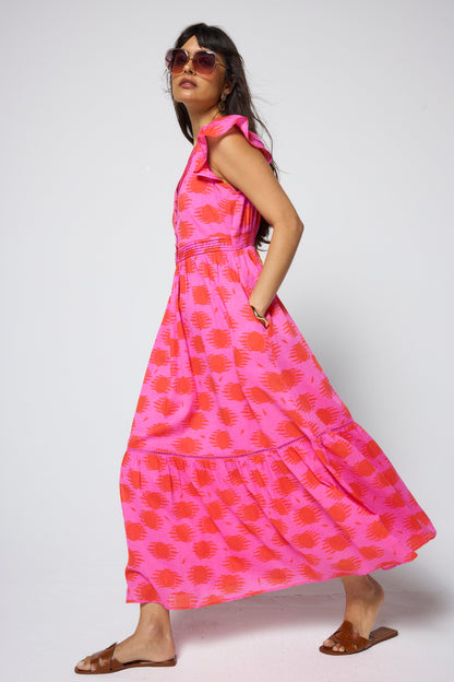 Pink and Coral Soleil Sun Pintuck Midi Dress
