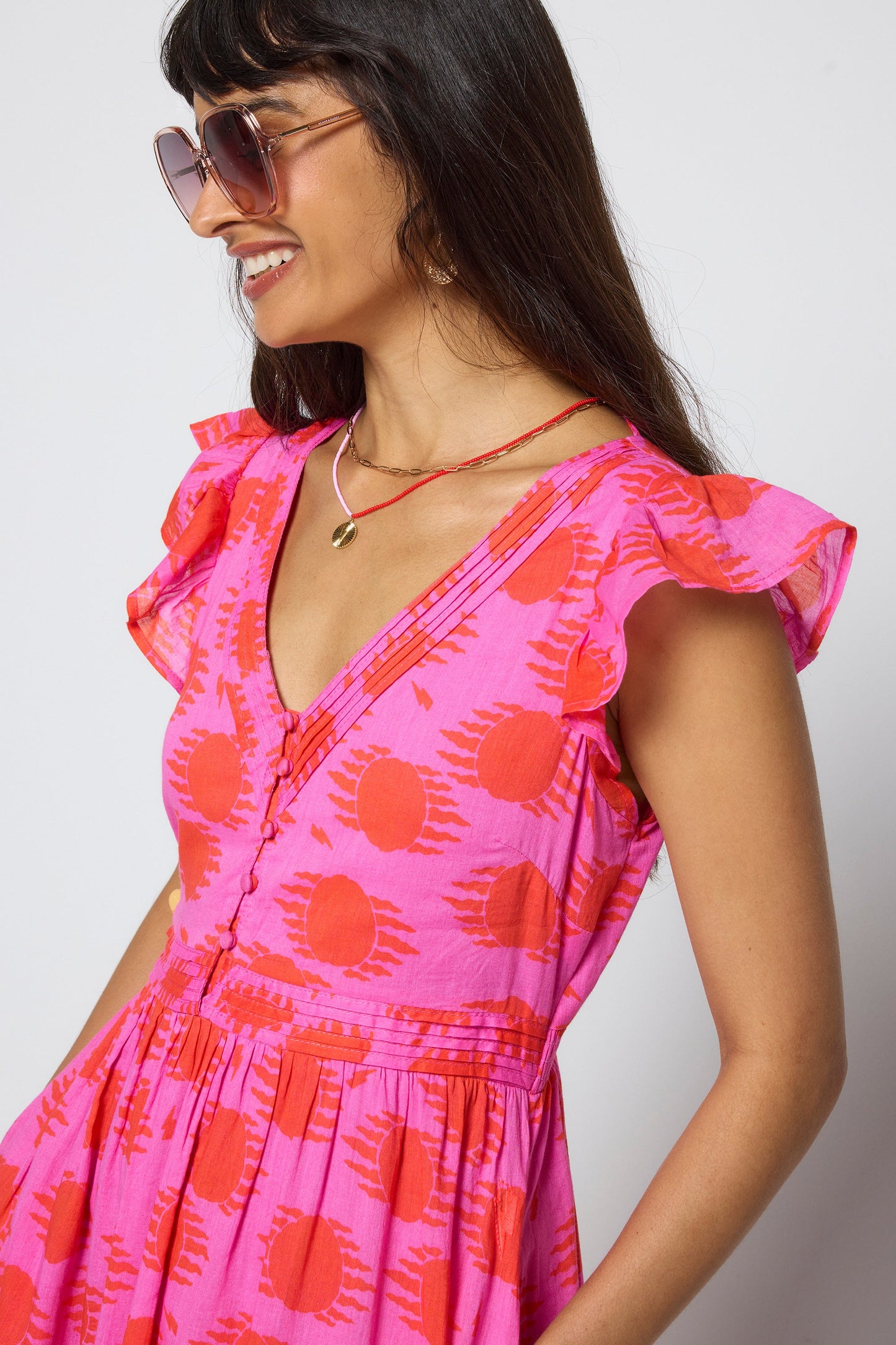 Pink and Coral Soleil Sun Pintuck Midi Dress
