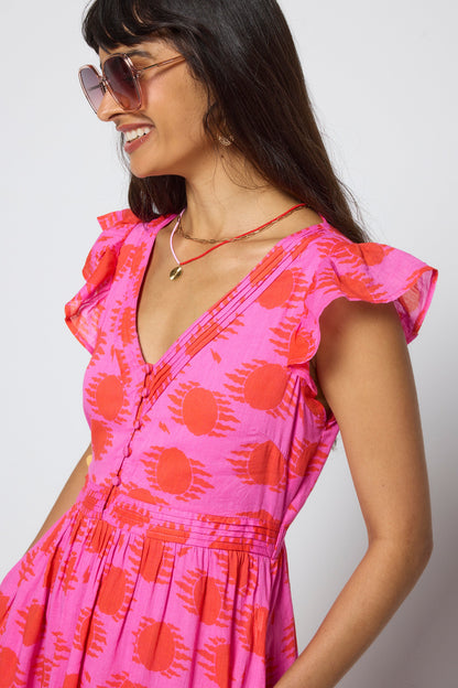 Pink and Coral Soleil Sun Pintuck Midi Dress