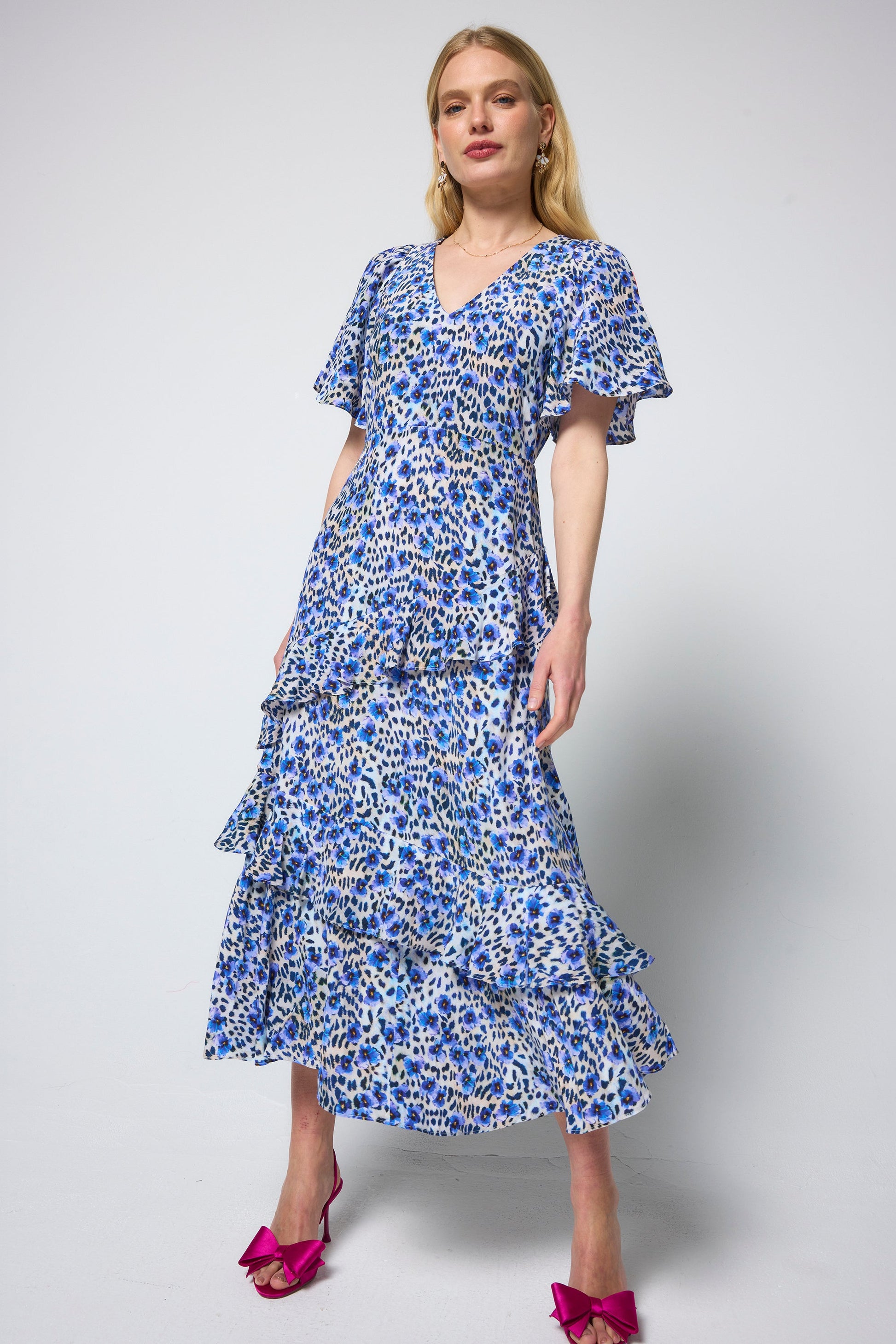 White with Blue Paradise Cheetah Print Ruffle Detail Midi Dress