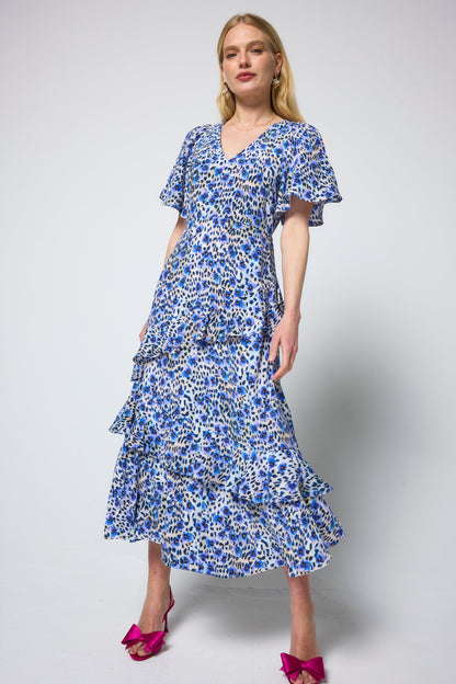 White with Blue Paradise Cheetah Print Ruffle Detail Midi Dress