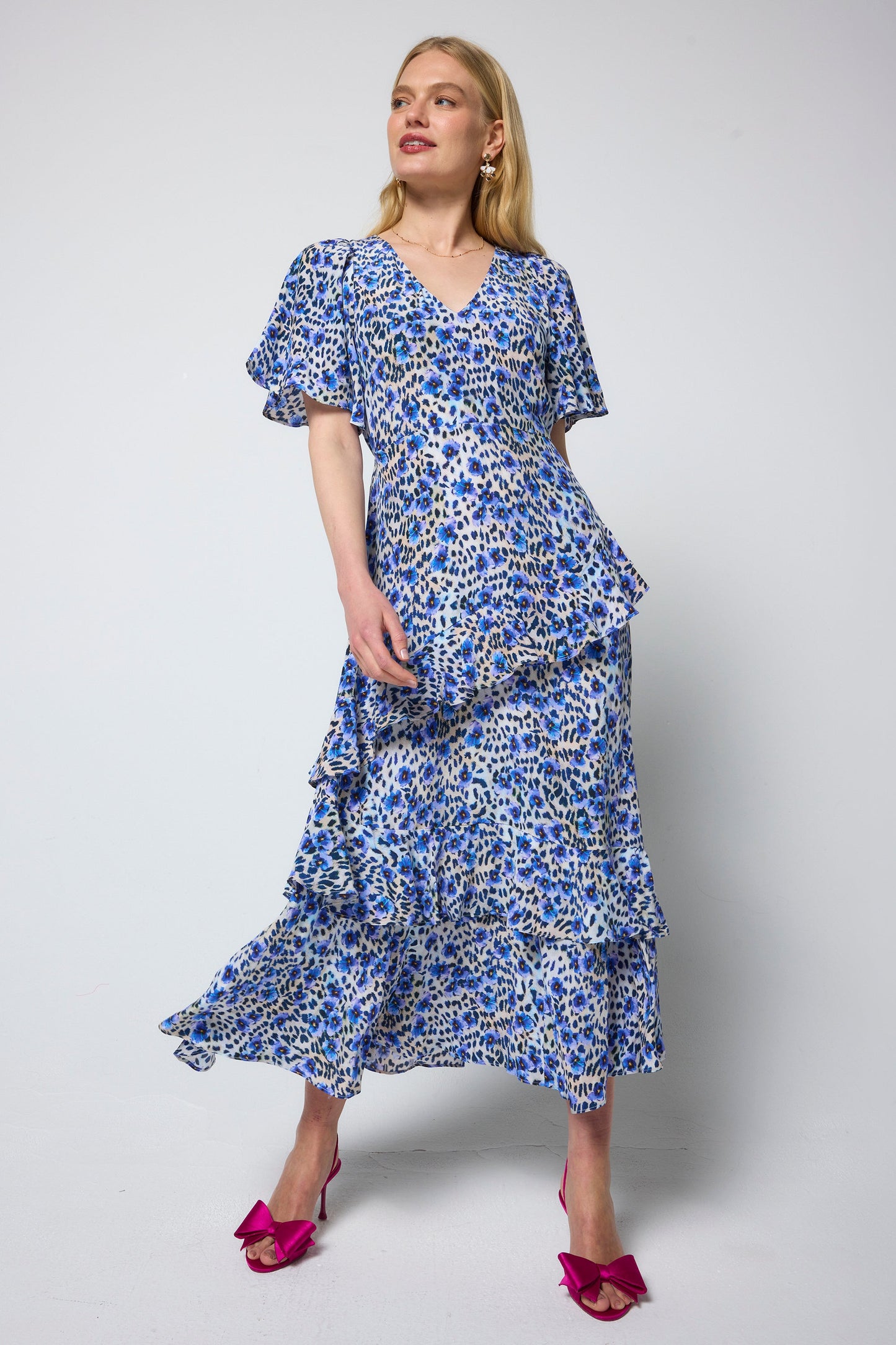 White with Blue Paradise Cheetah Print Ruffle Detail Midi Dress
