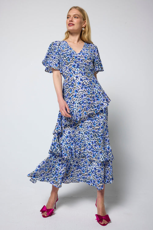 White with Blue Paradise Cheetah Print Ruffle Detail Midi Dress