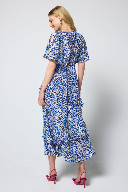 White with Blue Paradise Cheetah Print Ruffle Detail Midi Dress