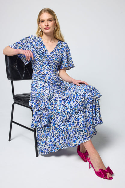 White with Blue Paradise Cheetah Print Ruffle Detail Midi Dress