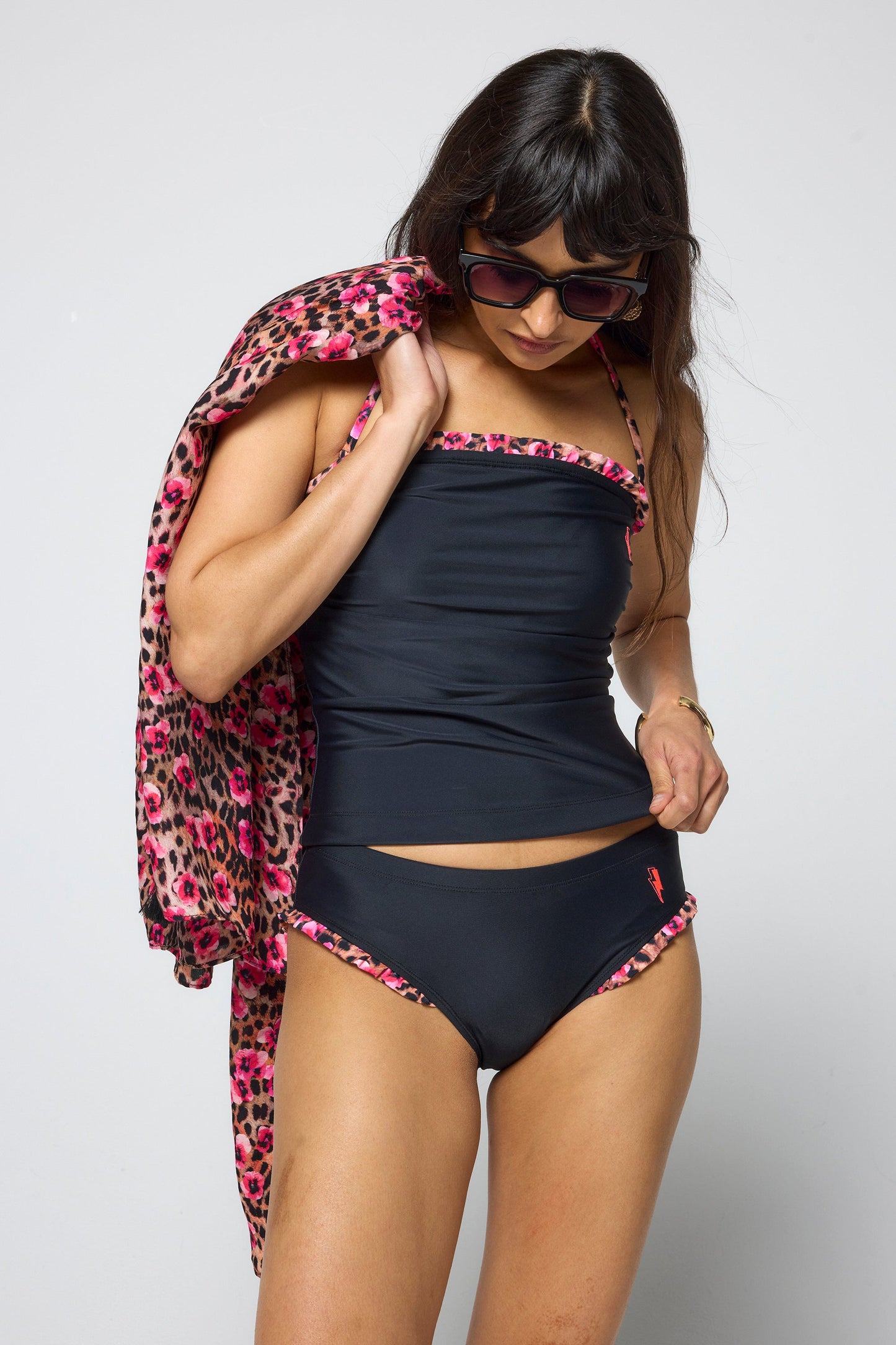 Black with Paradise Cheetah Frill Tankini Bottoms