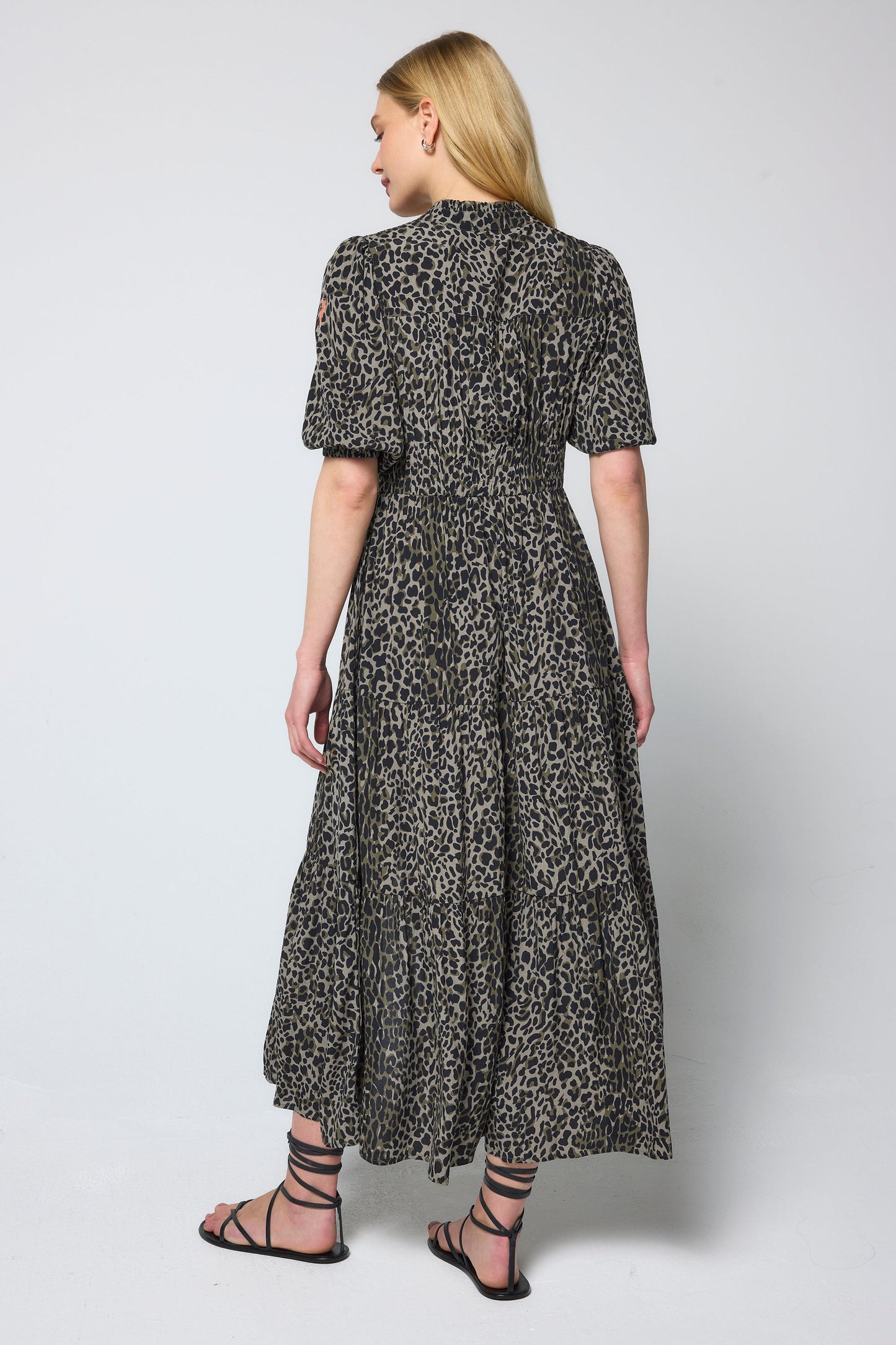 Khaki with Black Wild Leopard Zip Detail Tiered Midi Dress