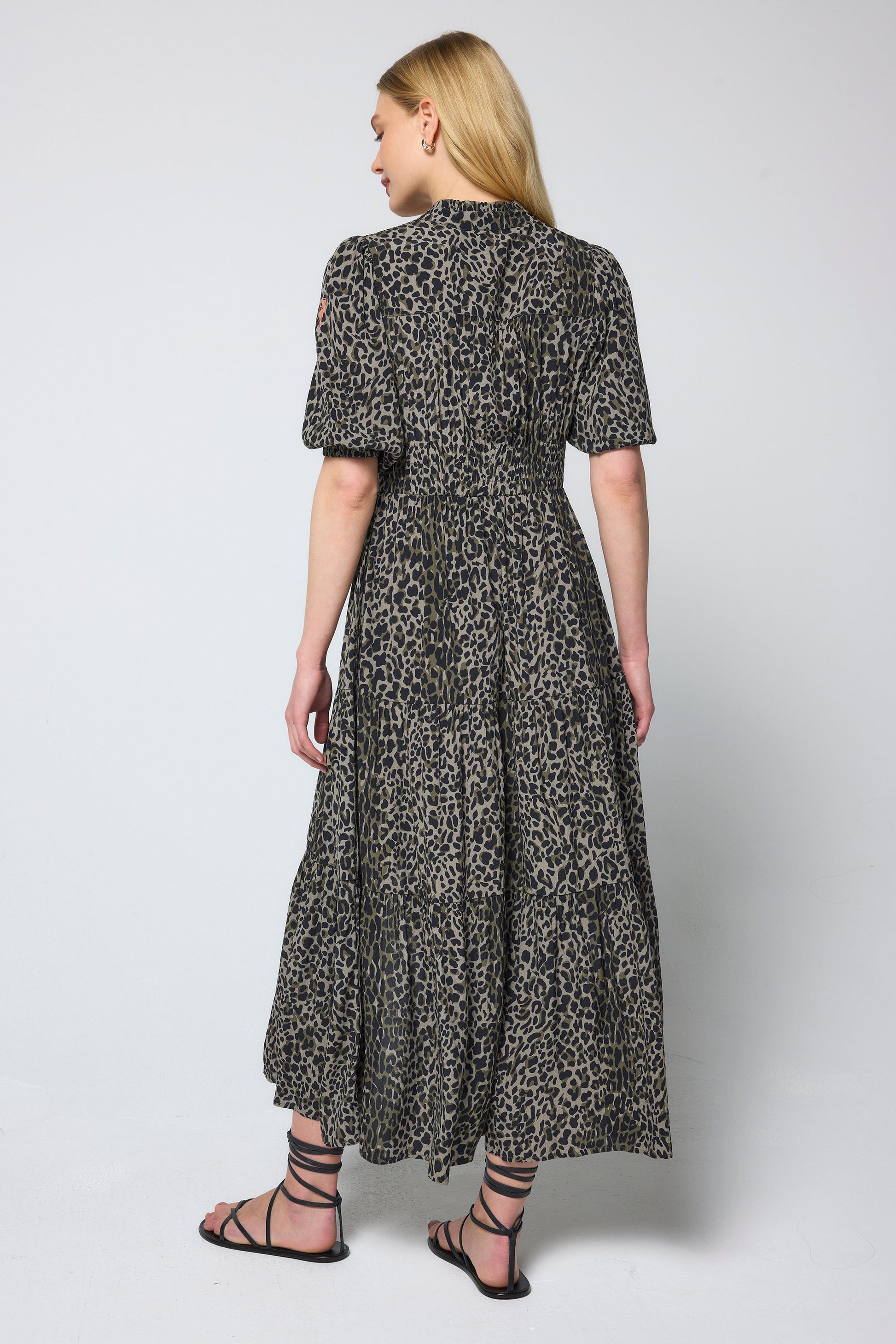 Khaki with Black Wild Leopard Zip Detail Tiered Midi Dress