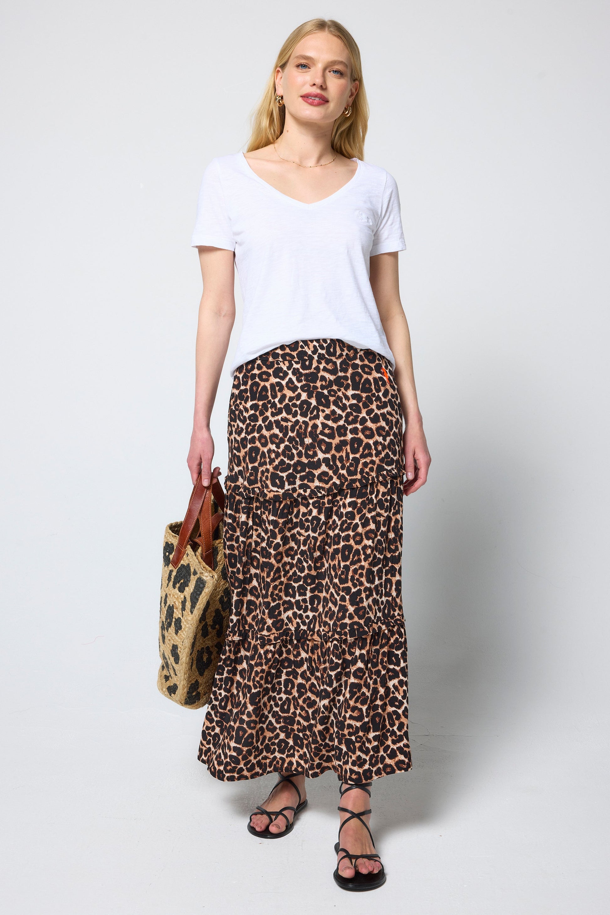 Neutral Jaguar Tiered Midi Skirt