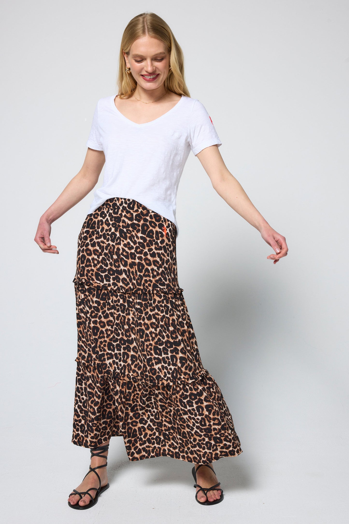 Neutral Jaguar Tiered Midi Skirt