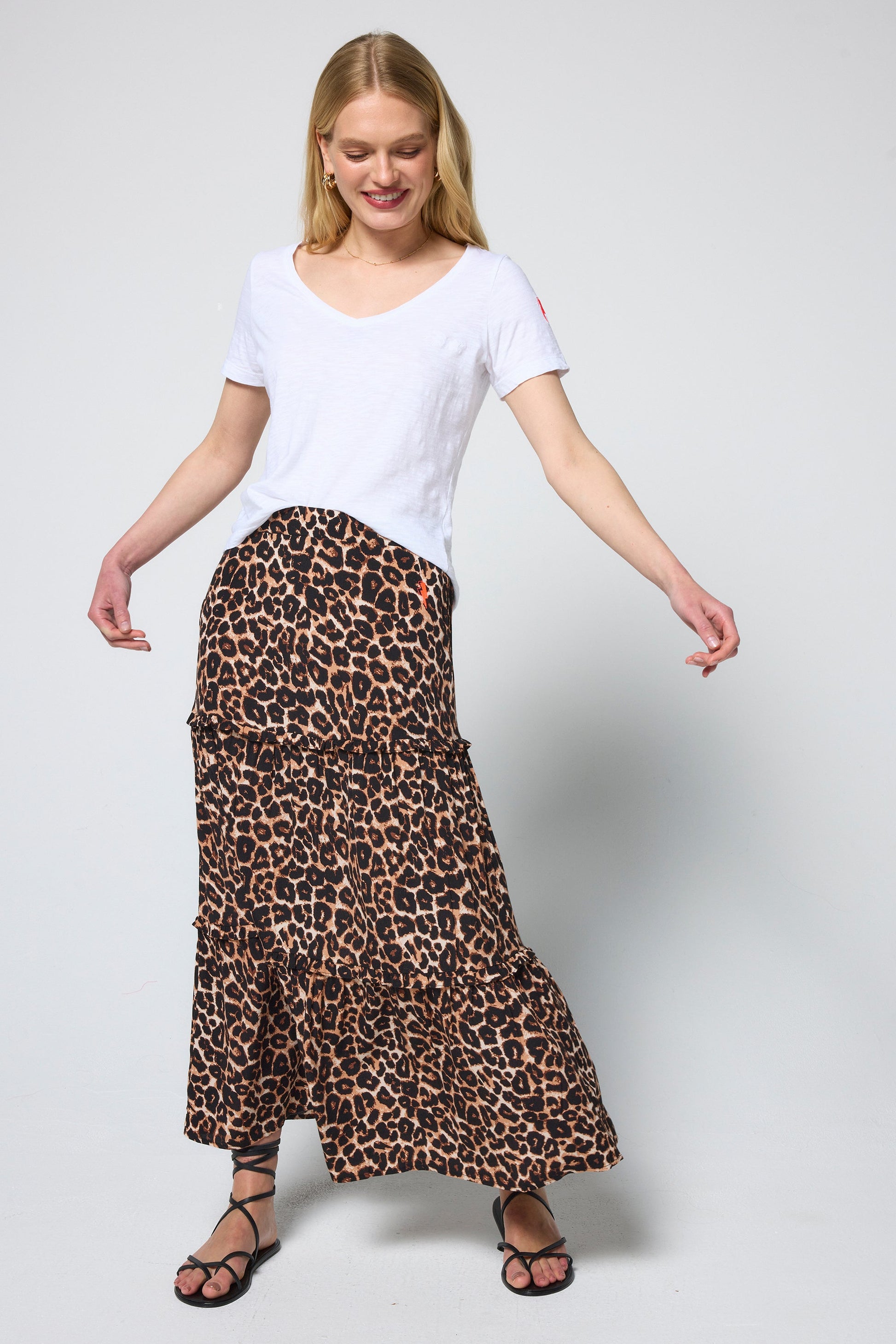 Neutral Jaguar Tiered Midi Skirt