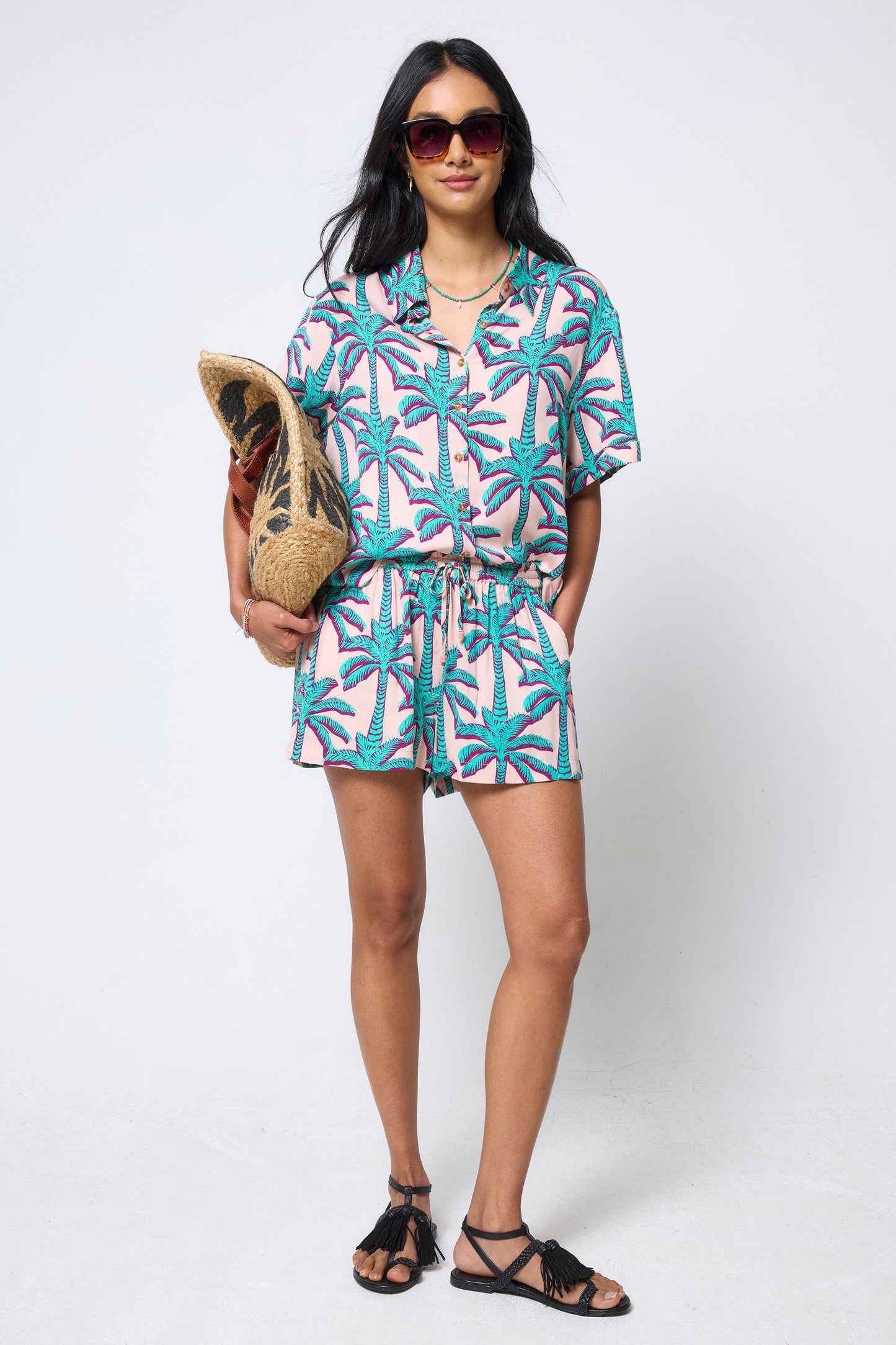 Cream with Green Shadow Palm Shorts