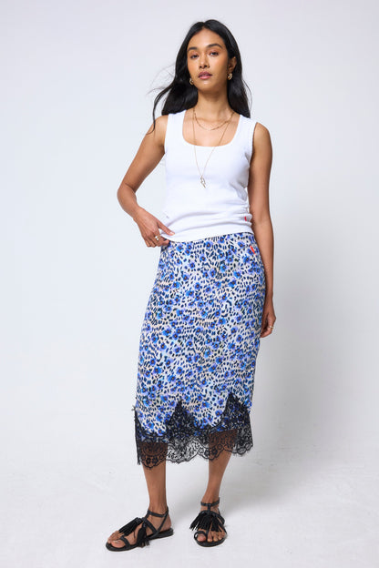 White with Blue Paradise Cheetah Lace Trim Midi Slip Skirt