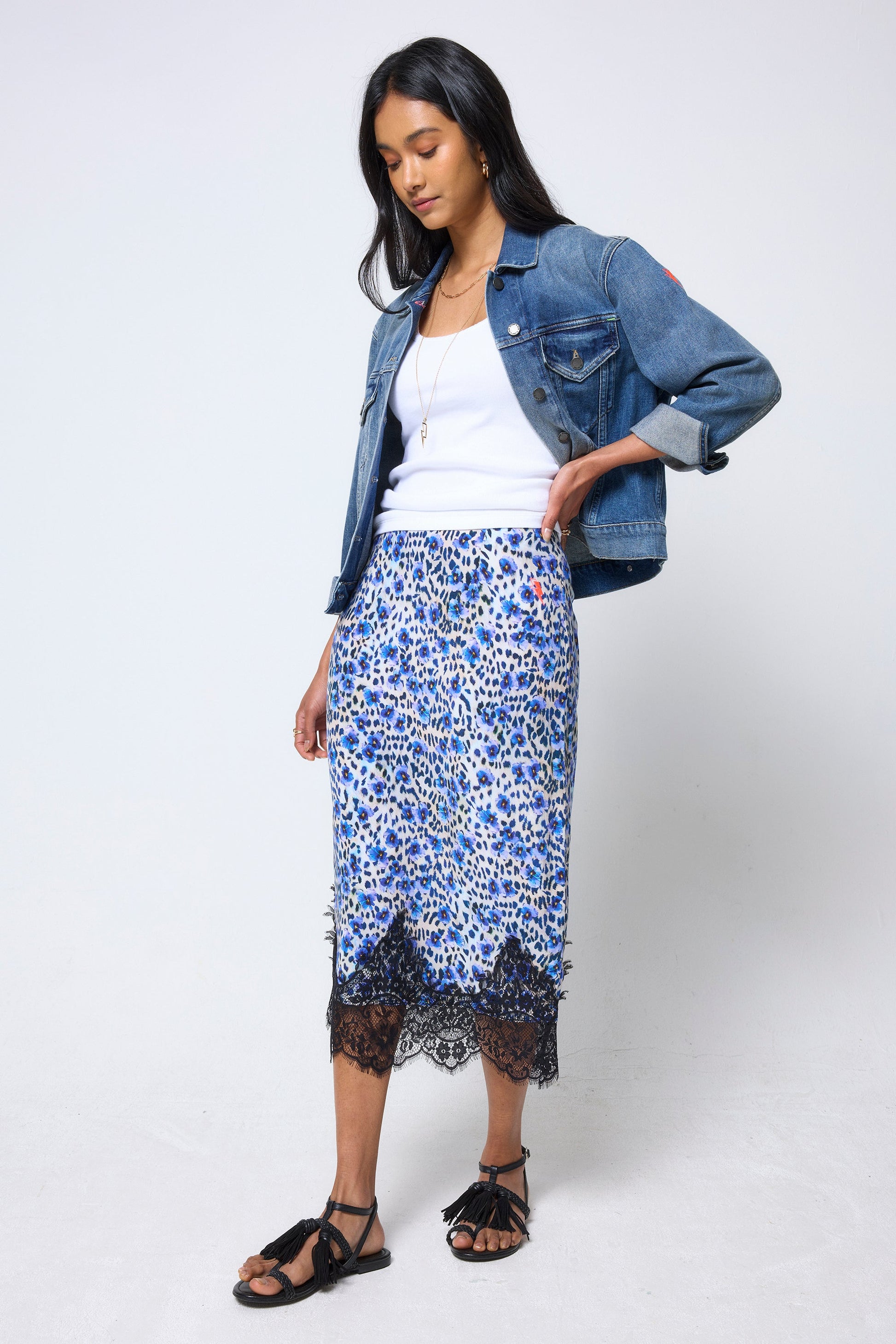 White with Blue Paradise Cheetah Lace Trim Midi Slip Skirt