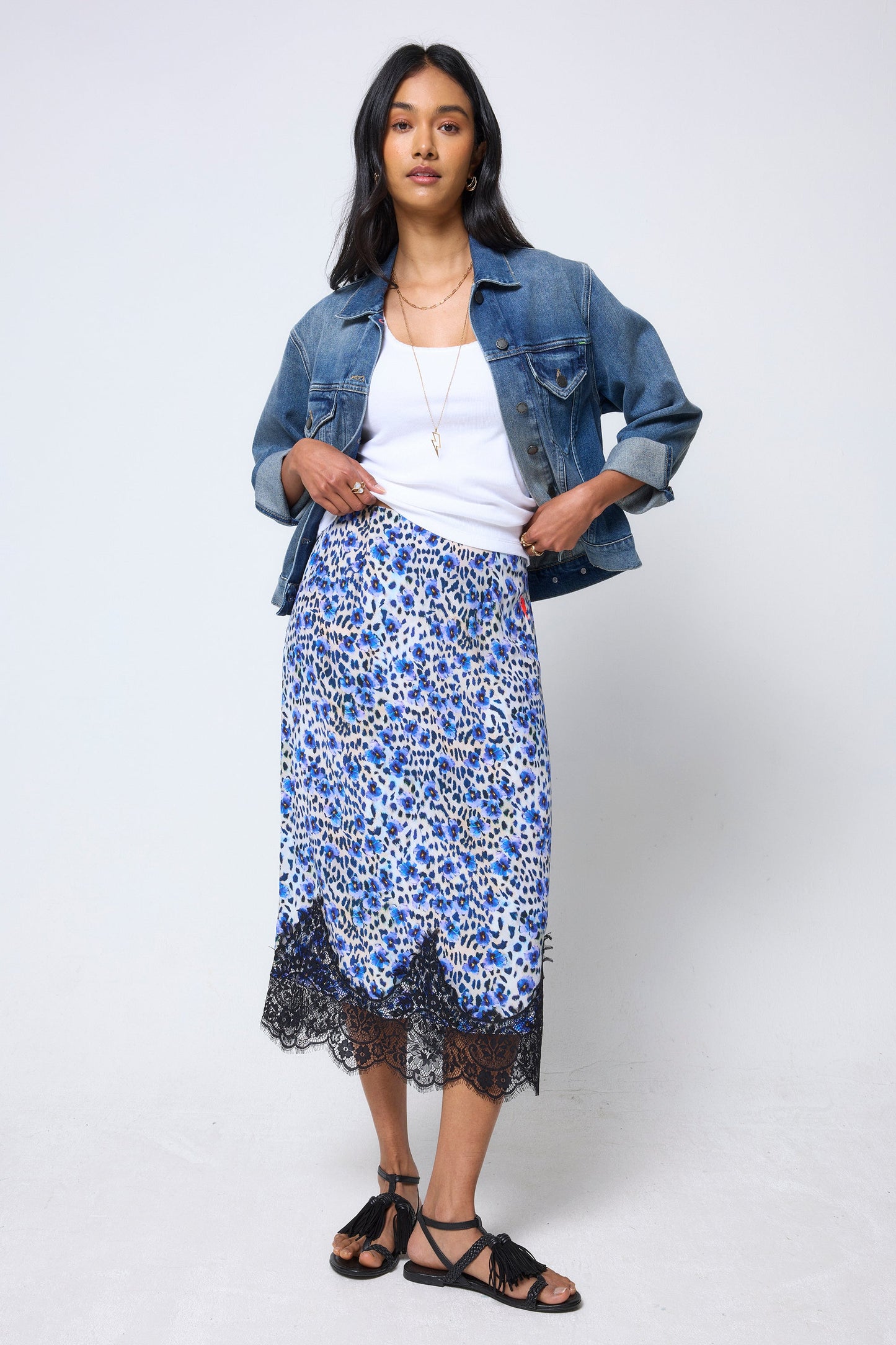 White with Blue Paradise Cheetah Lace Trim Midi Slip Skirt