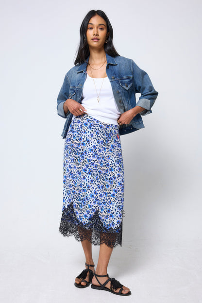 White with Blue Paradise Cheetah Lace Trim Midi Slip Skirt