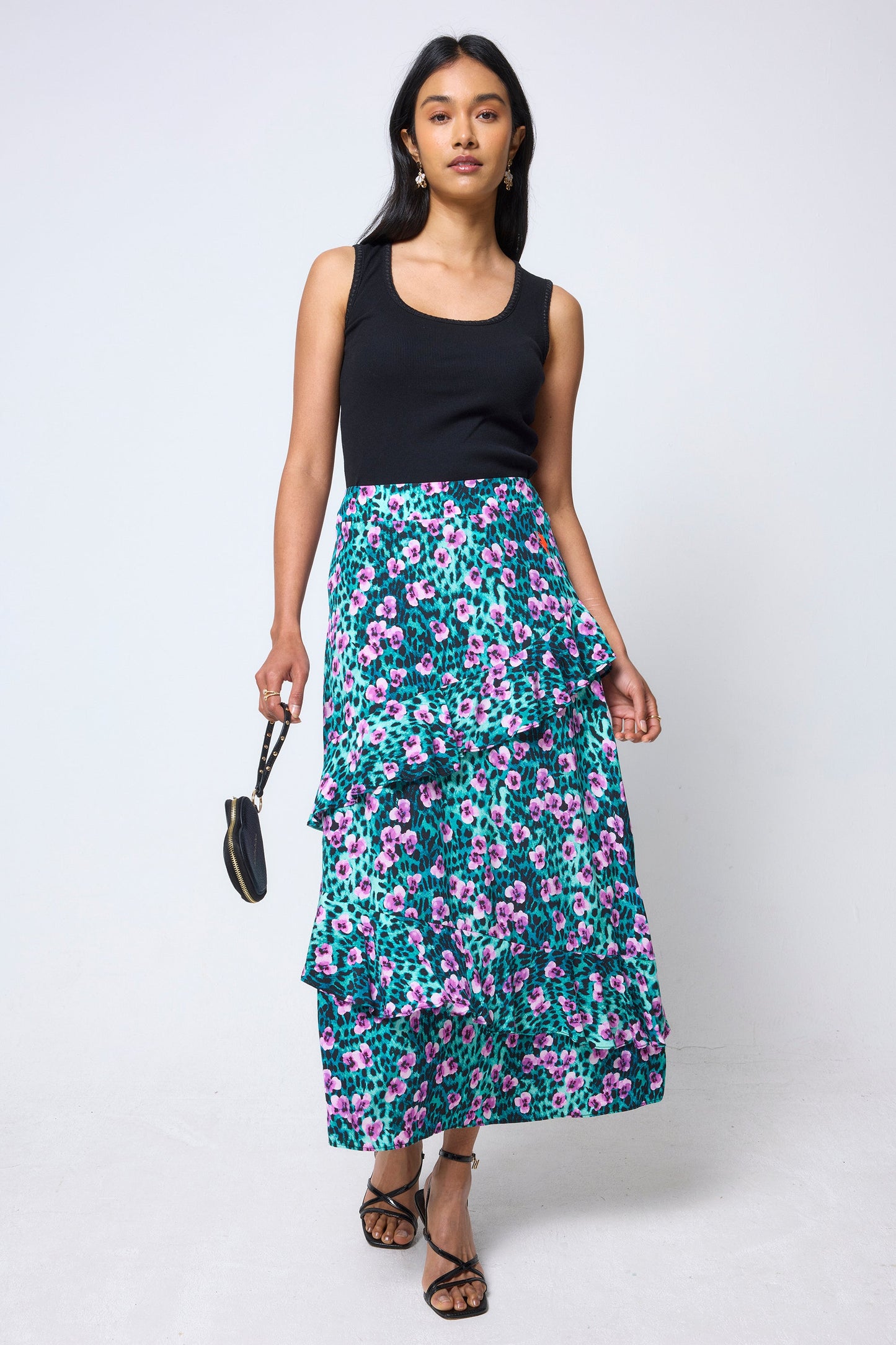 Turquoise Paradise Cheetah Ruffle Detail Midi Skirt