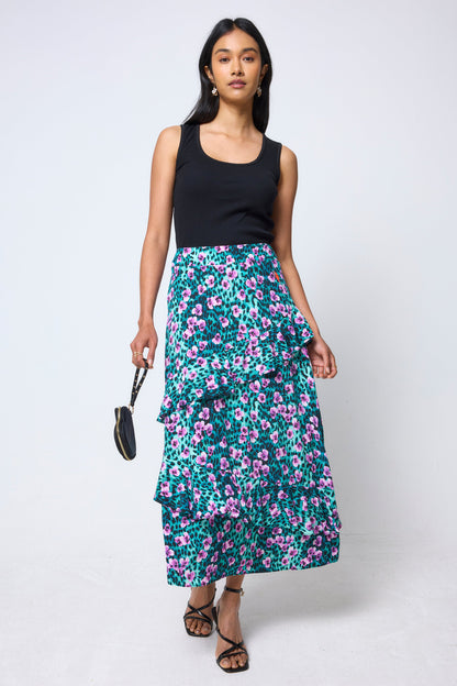 Turquoise Paradise Cheetah Ruffle Detail Midi Skirt