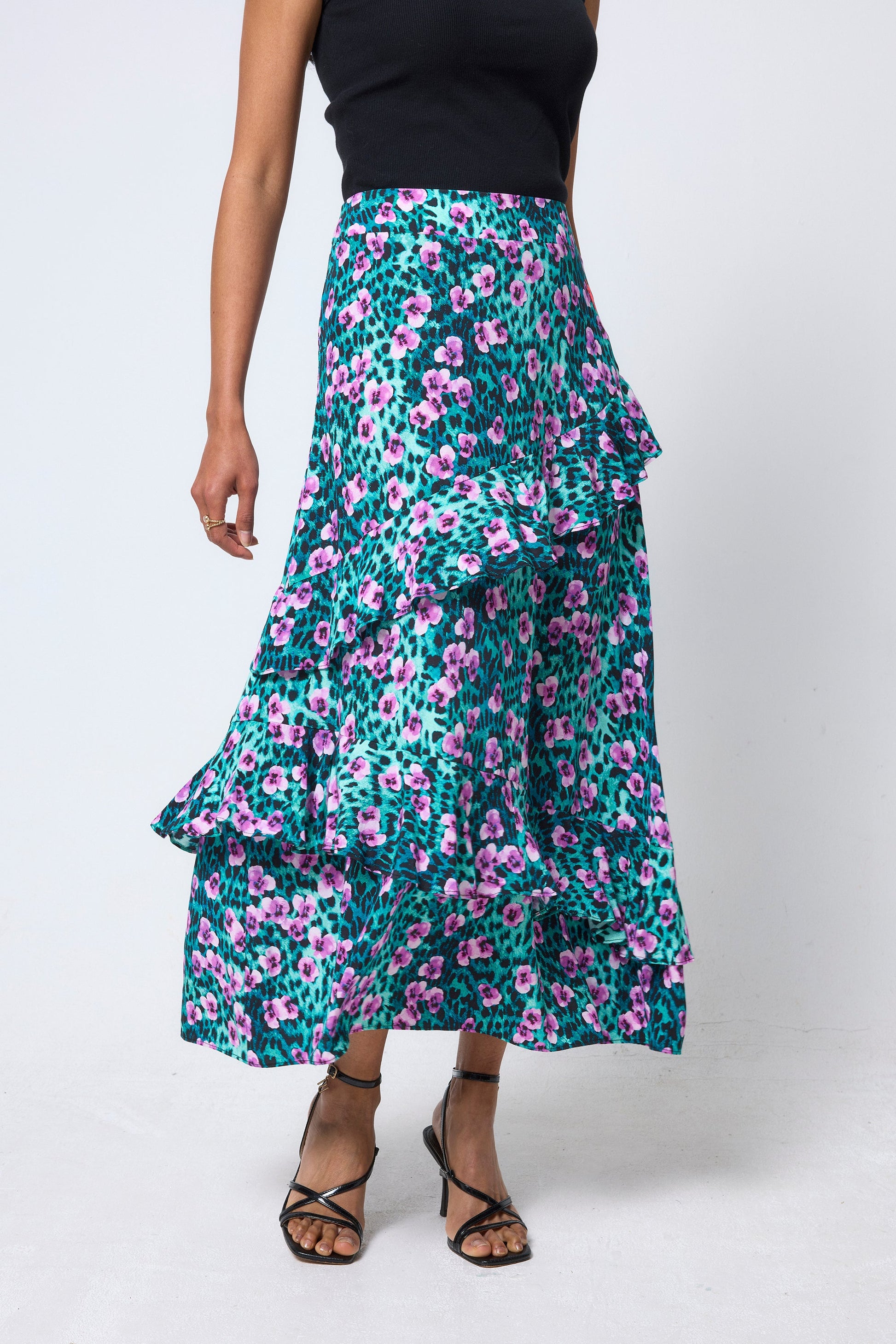 Turquoise Paradise Cheetah Ruffle Detail Midi Skirt