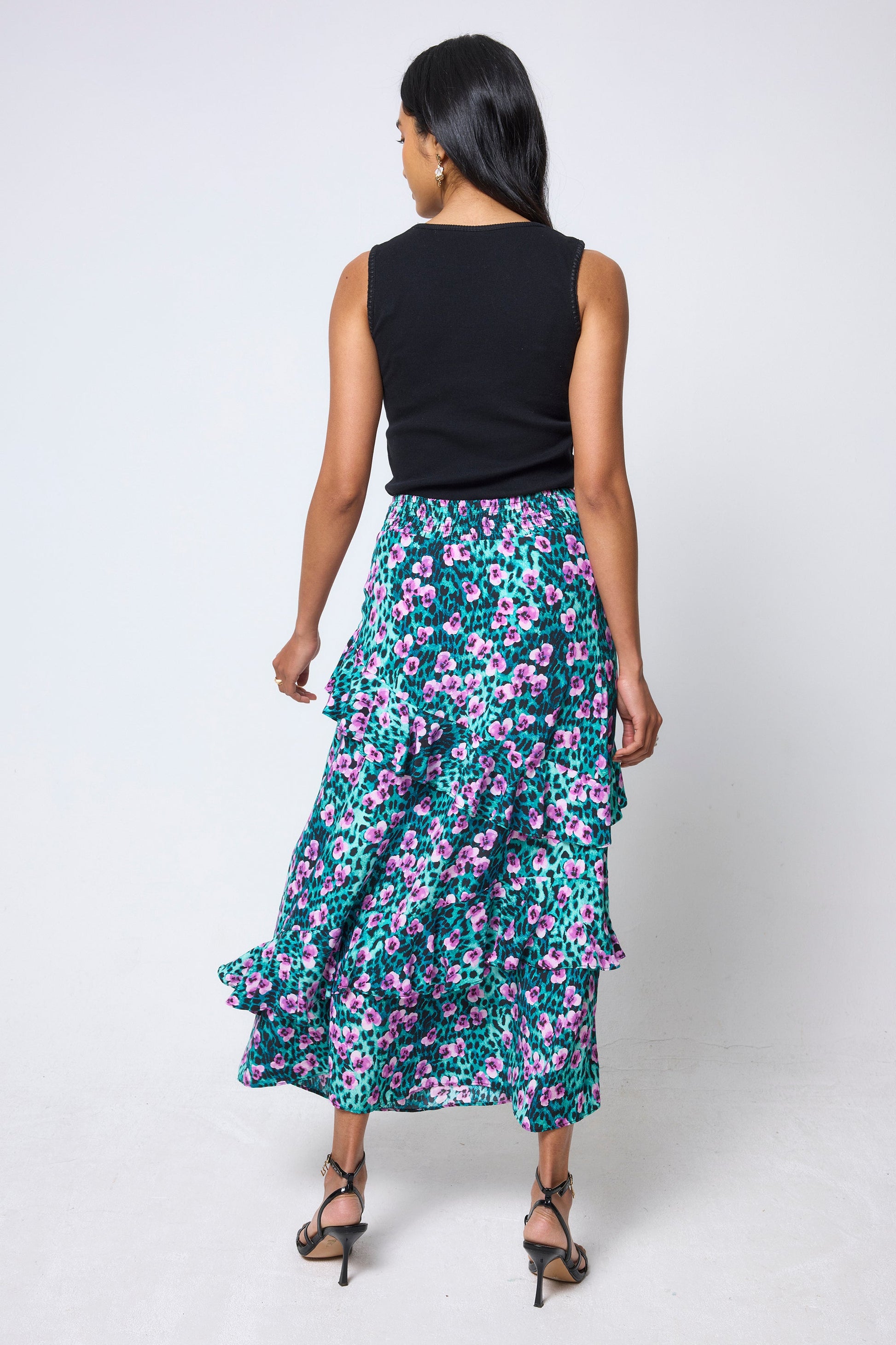 Turquoise Paradise Cheetah Ruffle Detail Midi Skirt
