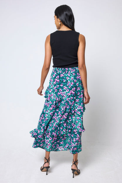 Turquoise Paradise Cheetah Ruffle Detail Midi Skirt