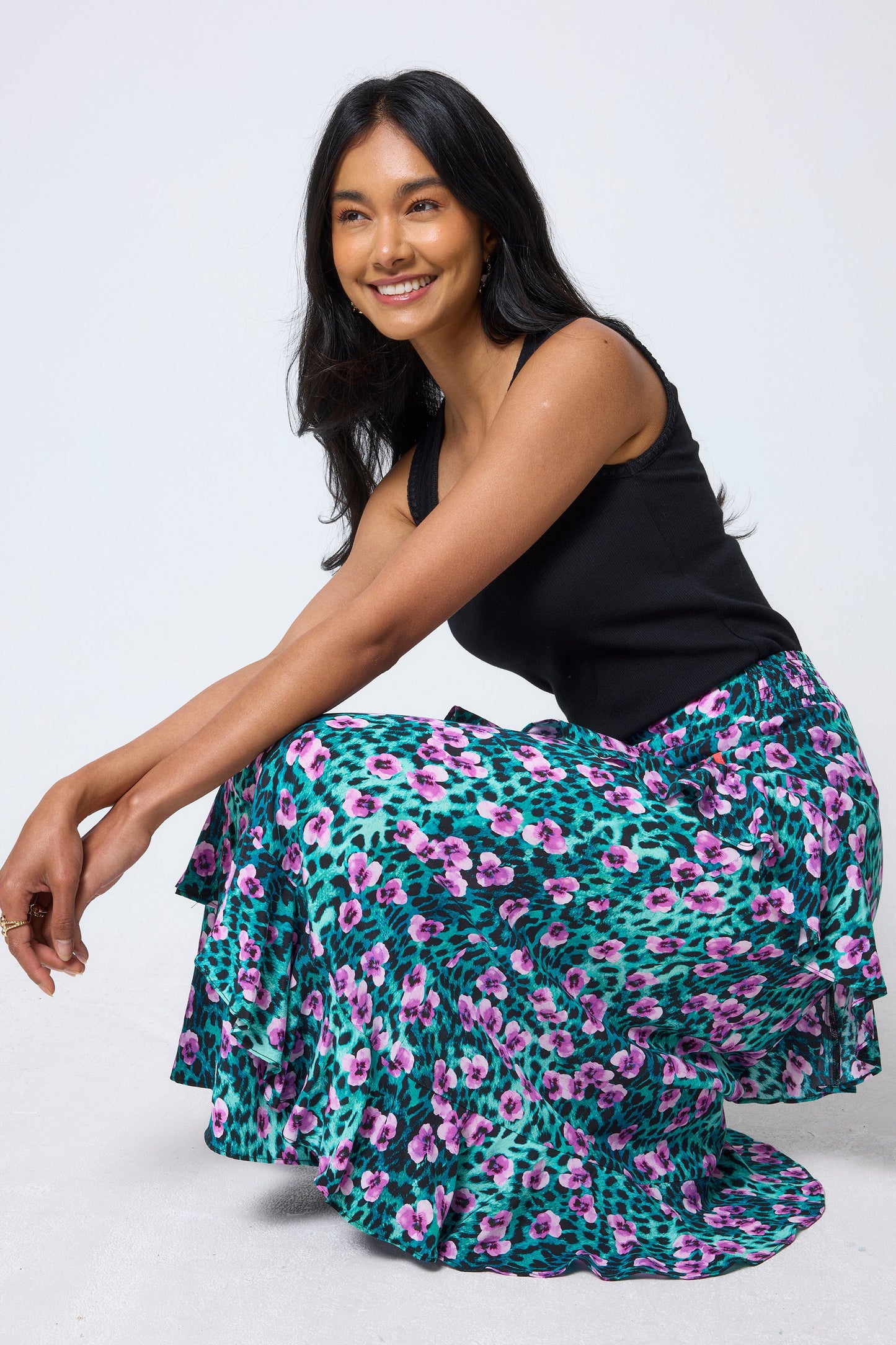 Turquoise Paradise Cheetah Ruffle Detail Midi Skirt
