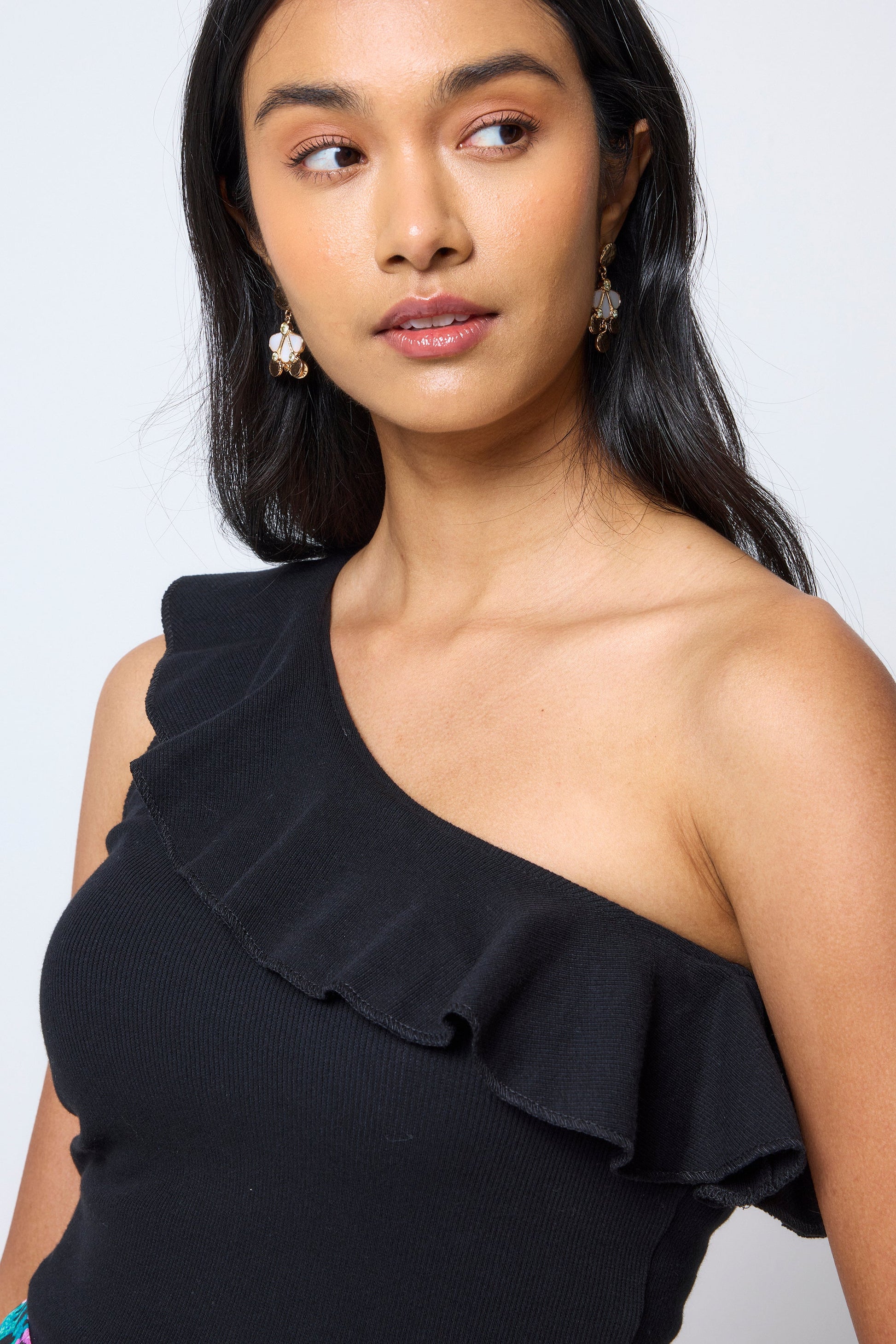 Black One Shoulder Frill Top