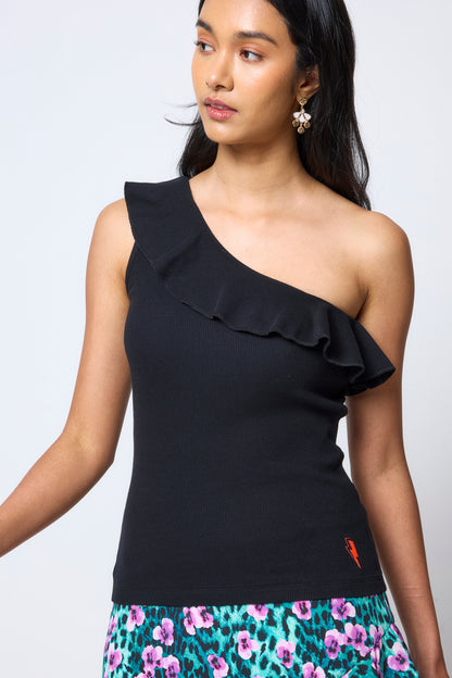 Black One Shoulder Frill Top
