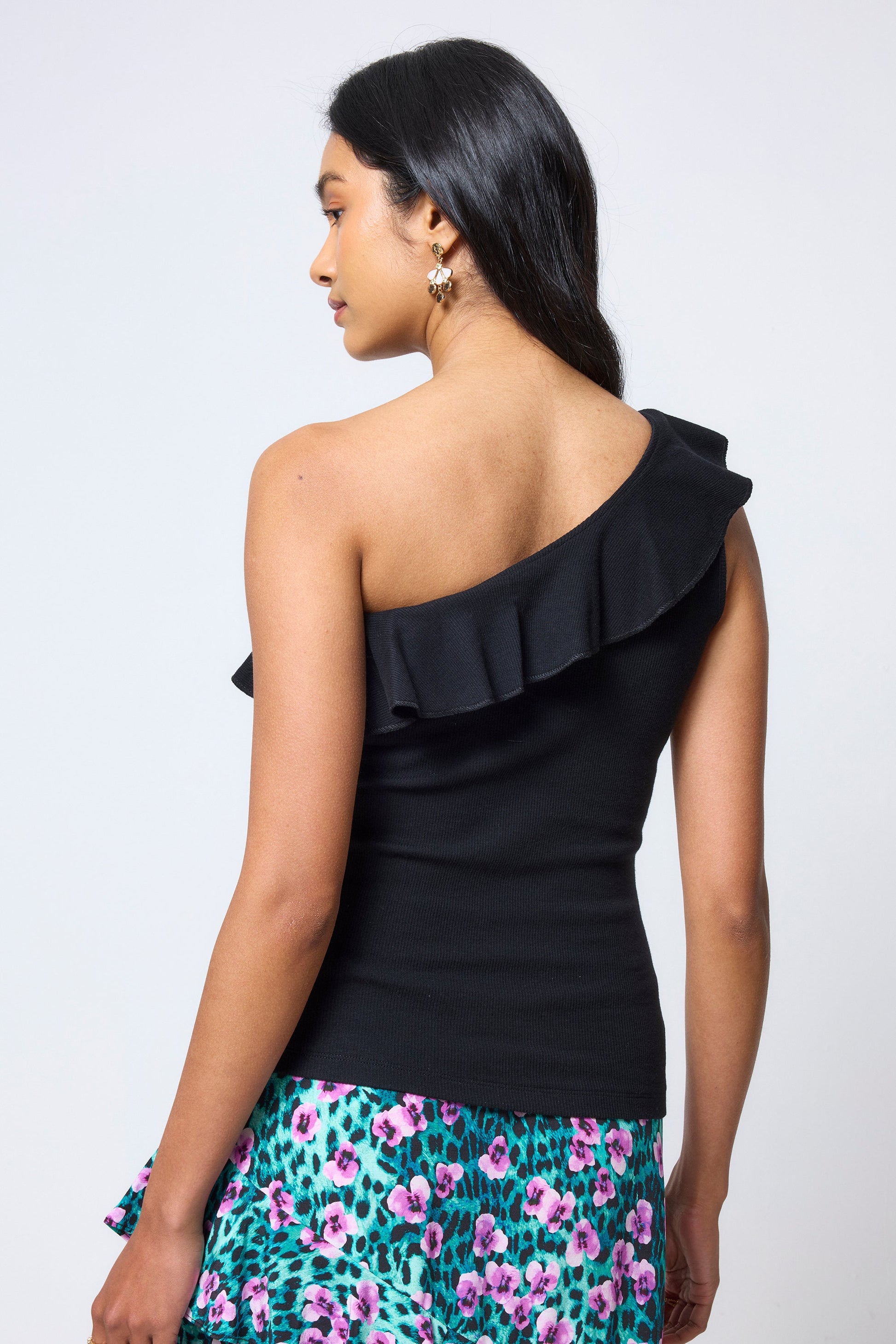 Black One Shoulder Frill Top