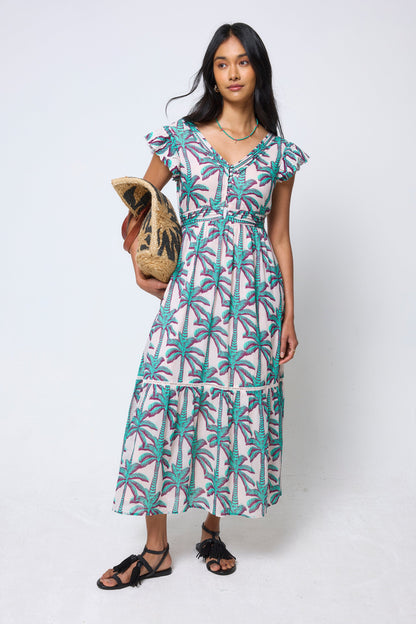 Cream with Green Shadow Palm Broderie Sleeve Pintuck Midi Dress