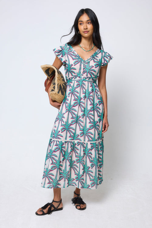 Cream with Green Shadow Palm Broderie Sleeve Pintuck Midi Dress