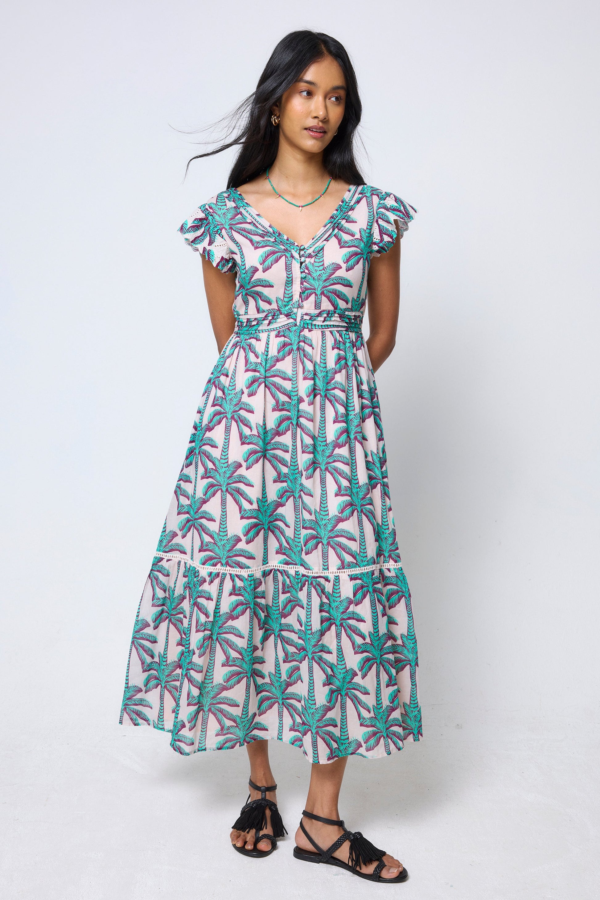 Cream with Green Shadow Palm Broderie Sleeve Pintuck Midi Dress