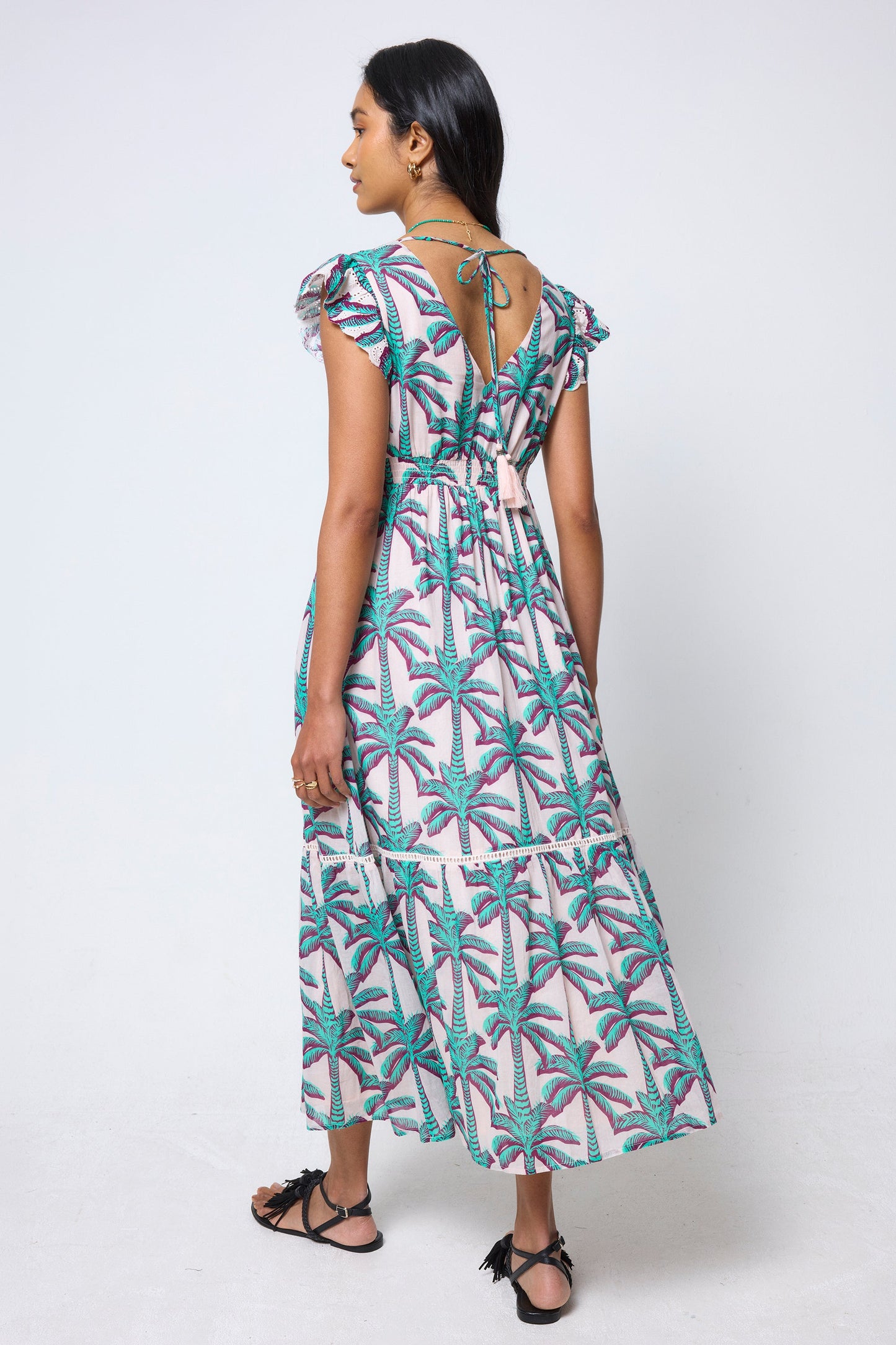 Cream with Green Shadow Palm Broderie Sleeve Pintuck Midi Dress