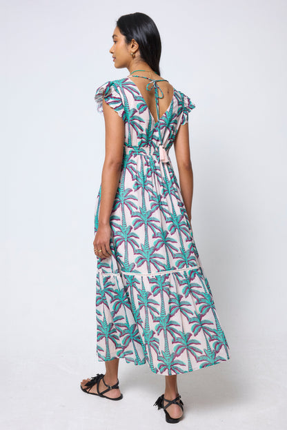 Cream with Green Shadow Palm Broderie Sleeve Pintuck Midi Dress