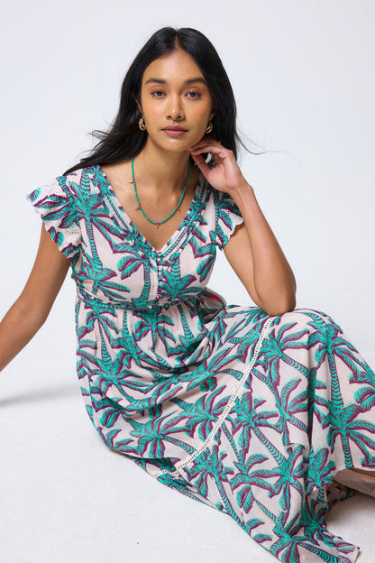 Cream with Green Shadow Palm Broderie Sleeve Pintuck Midi Dress