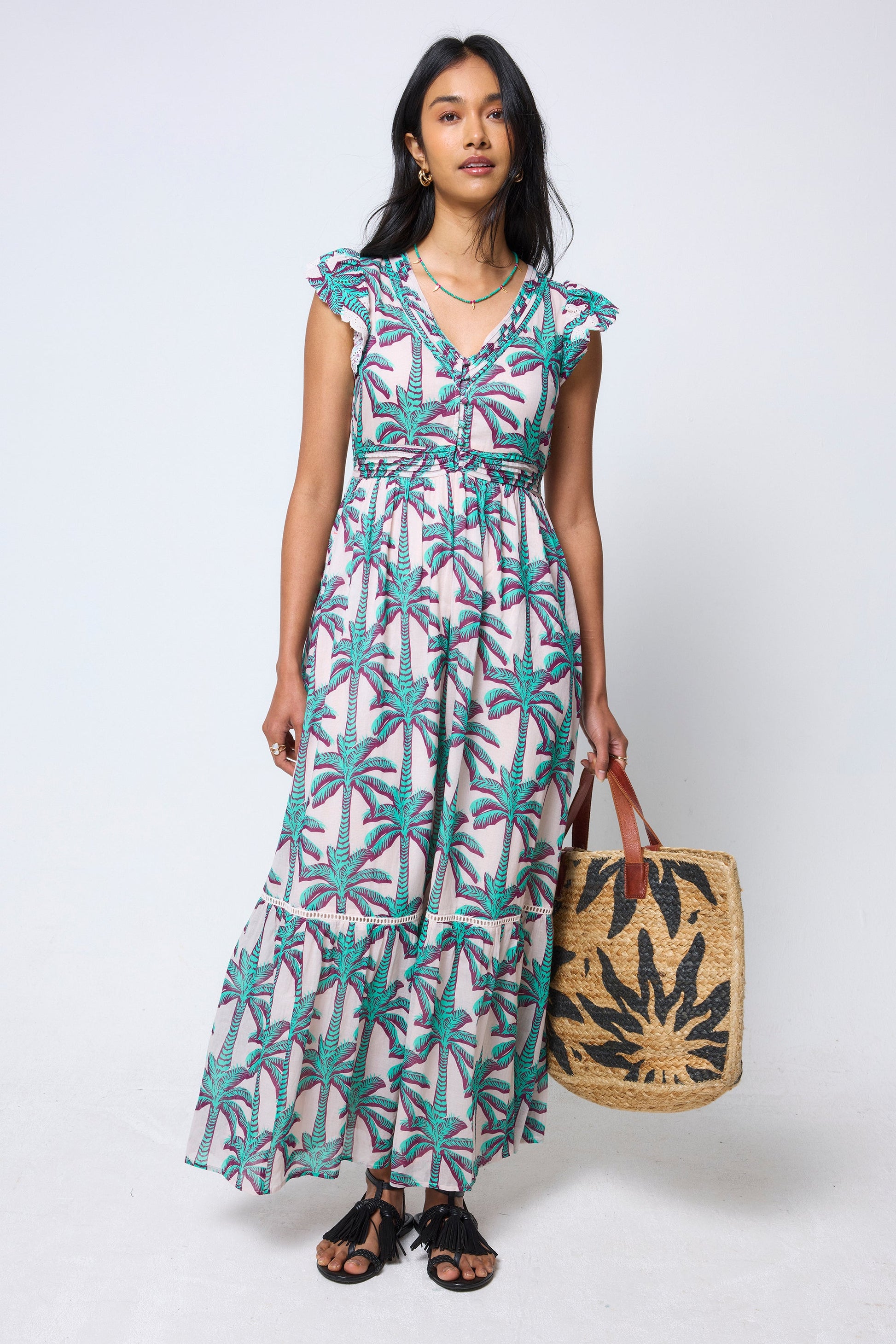 Cream with Green Shadow Palm Broderie Sleeve Pintuck Maxi Dress