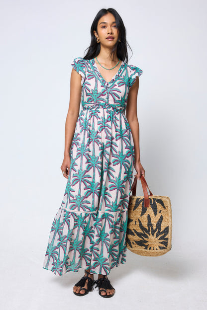 Cream with Green Shadow Palm Broderie Sleeve Pintuck Maxi Dress
