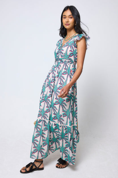 Cream with Green Shadow Palm Broderie Sleeve Pintuck Maxi Dress