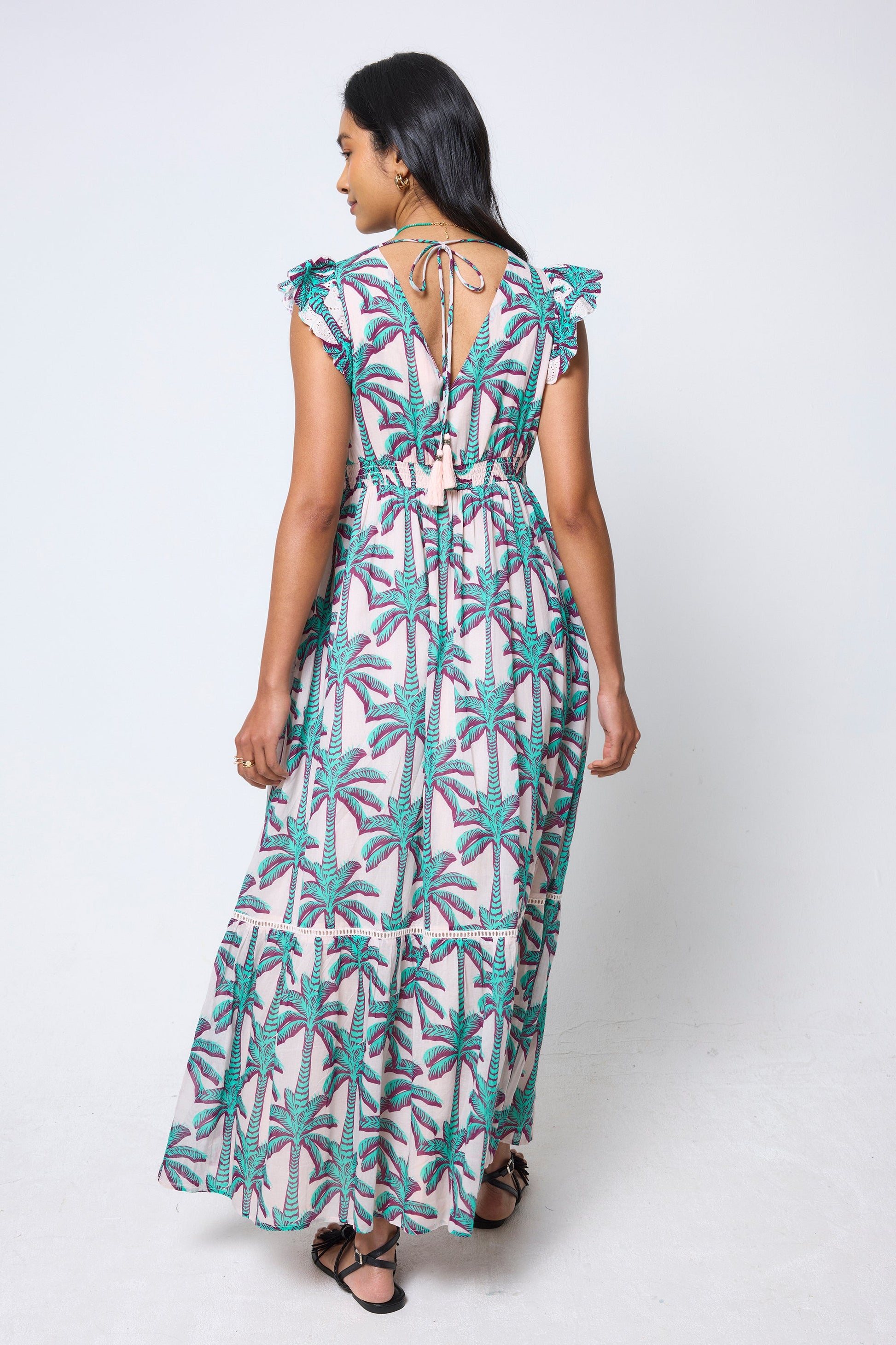 Cream with Green Shadow Palm Broderie Sleeve Pintuck Maxi Dress