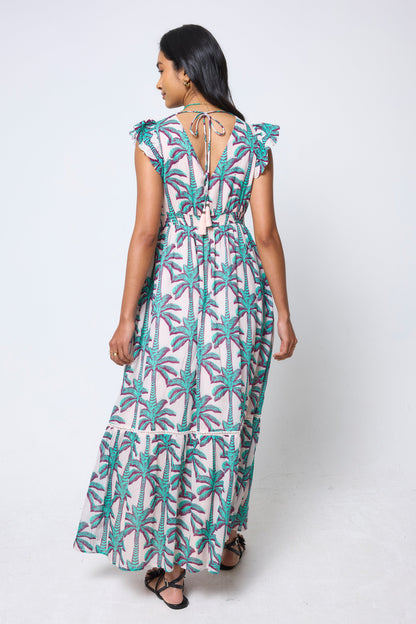 Cream with Green Shadow Palm Broderie Sleeve Pintuck Maxi Dress