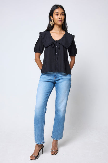 Black Collared Short Sleeve Blouse